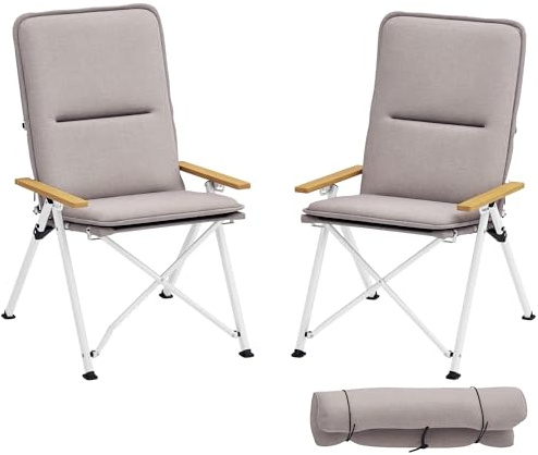 Outsunny 2 Sillas de Camping Plegables de Aluminio Sillas de Jardín Portátiles con Respaldo Alto Ajustable Reposabrazos de Madera Tela Oxford 600 D y Bolsa de Transporte 59x67x96 cm Gris Claro