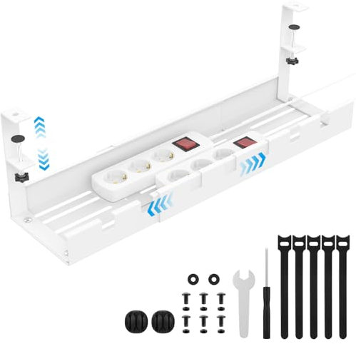 Otauoaea Raccogli Cavi Scrivania - Retrattile 40-74 cm Cable Management - Portacavi Sotto Scrivania per la Gestione di Cavi e Prese - No Fori da Trapano - Bianco