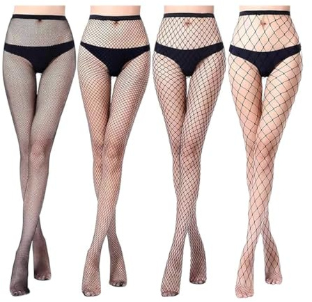 OIXEYA 4 paires Collant Resille Noir, Collants Résille Femme, Sexy Élastique Collants, Taille Haute Filets Bas Résille, Cuisse Haut Bas Collants