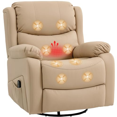 HOMCOM Poltrona Massaggiante Reclinabile Manuale 145° Riscaldante, 8 Punti di Massaggio, Poltrona Relax Girevole con Funzione Dondolo, Poggiapiedi, Telecomando, Tasche Laterali, Pelle PU, Beige