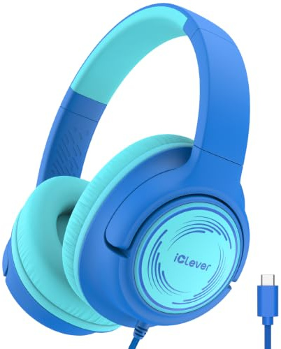 iClever C371 barnhörlurar, USB C barntrådlöst headset | SafeSound Tech 3.0, stereoljud, vikbara, bekväma kuddar, hållbara hörlurar för barn/skola/surfplatta/resor