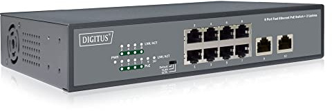 DIGITUS Conmutador de Red Fast Ethernet PoE+ - 19 Pulgadas - 8 Puertos + 2X uplink RJ45 - IEEE802.3af/at - 120W presupuesto de energía - Negro