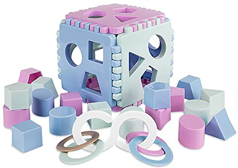 Mimtom Formensortierer Steckwürfel | Steckbox Babyspielwürfel mit 18 Sortierblöcken und Kinderrassel hergestellt in der EU| Lernspielzeug für Kinder von 1-3 Jahren - lila, blau & grün