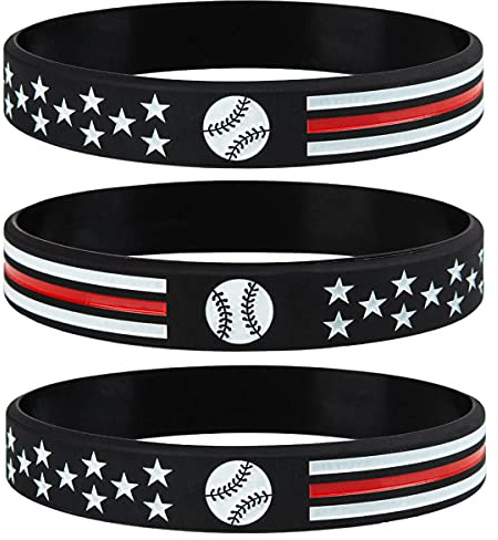 Sainstone Baseball Inspirational Silicone Bracelets with American Flag, Thin Red Line Motivational Rubber Wristbands Gifts for Patriots, Men, Women, Teens and Sport Fans (Unisex)