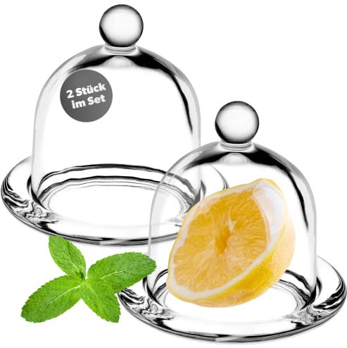 KADAX 2 Stück Zitronenbehälter mit Deckel, Glasbehälter mit Teller, Frischhaltedose für Zitrone, Tomate, Glasglocke, Kuchenglocke aus hochqualitativem Glas, rund, transparent