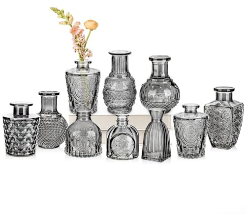 Oairse Grey Glass Bud Vase Set of 10 Clear Mini Vintage Bottles for Floral Arrangements, Decorative Embossed Small Vases for Wedding Centerpieces, Table Decoration, Party, Home Room Decor