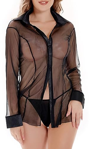 GEPAS Charmnight Sexy Lingerie for Women Sheer Blouse Long Sleeve Top Black-XL