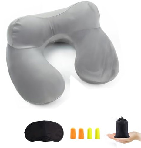 Almohada de Viaje, Cojín Inflable del Cuello de Viaje,Hecho de Terciopelo Suave con Tapones para los Oídos, Máscara de los Ojos y Bolsa de Transporte, para Viajar en avión, Tren, casa (Gris)