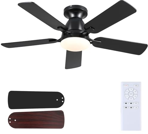Mpayel Ceiling Fans with Lights and Remote, 46 Inch Flush Mount Low Profile Ceiling Fan with Light, Black Ceiling Fan for Bedroom Living Room, Quiet DC Motor, Reversible, Dimmable LED, Black