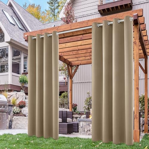 Deconovo Cortinas Opacas Impermeables para Exteriores Cortinas Exterior para Porche Resistente a la Luz Solar Cortinas para Patio Terrraza y Jardin 2 Piezas con Ojales 132x245cm Caqui