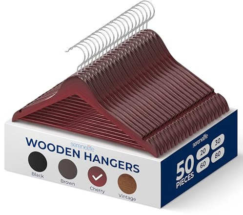 SereneLife Wood Hangers - Space Saving Heavy Duty Slim Suit Clothes Hanger Set with 360 Degree Swivel Metal Hook, Can Hold Up to 10 Lbs. for Coats, Jackets, Pants & Dress 50 Pieces)