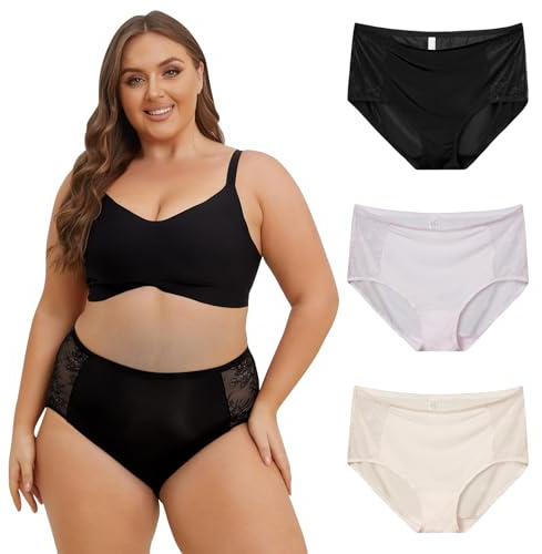 INNERSY Culotte Femme Grande Taille Polyamide Shorty Dentelle Slip Taille Haute XL-4XL Lot de 3 (52-54, Beige/Violet Clair/Noir)