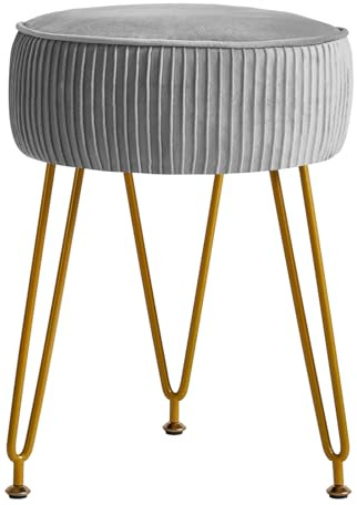 IBUYKE Velvet Round Footrest Ottoman, Makeup Vanity Stool, Side Table, Pouf Couch Seat, Golden Steel Legs, Gray L/G-30G