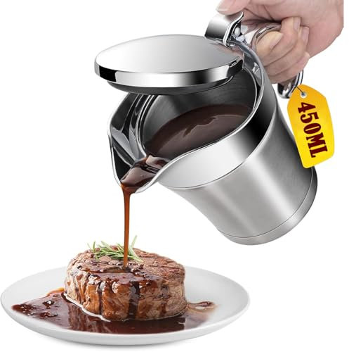 Premium Edelstahl Thermo Sauciere, Soßenkanne mit Klappdeckel & Geschenkbox (450ml) - Doppelwandig - Abendessen, Restaurants, Partys, Weihnachten