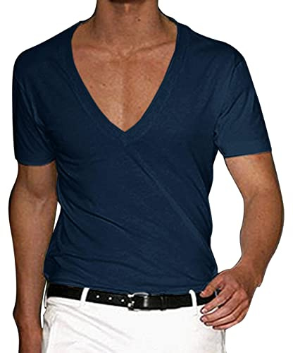 T-shirt à col en V profond pour homme - Col V - Invisible et respirant - Ourlet croisé - Muscle extensible - Gym - Entraînement - Manches courtes - Coupe basse, Marine, L