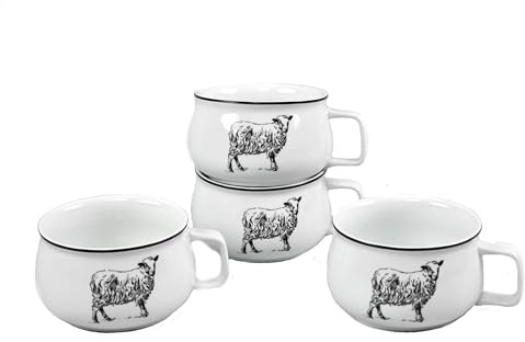 Omniware Country Farm 20oz Jumbo Mug, Set of 4 - Sheep, Stoneware Cup with Handle Dishwasher Safe - Rustic Farmhouse Style for Cozy Meals, Hot Soup, Hearty Stews - Cottagecore Drinkware Set