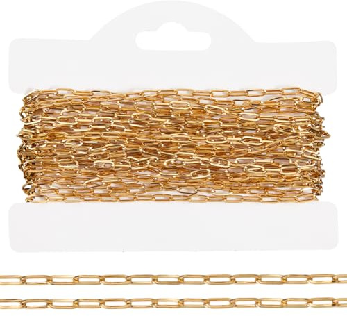 Beebeecraft Catene A Maglie Cave da 5 m/16.4 Piedi Placcate in Oro 18K in Acciaio Inossidabile Spesse 304mm con 2.5 cartellini Espositivi per Braccialetti in Carta per La Creazione di Gioielli