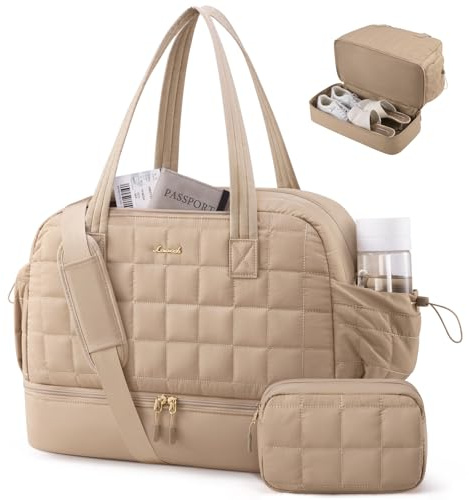 LOVEVOOK Travel Bags for Women, Lightweight Puffer Weekend Maternity Hospital Overnight Holdall Duffel Bags, Gym Bag with Shoe Compartment & Wet Pocket, Carry On Hand Luggage for Flight Sports, Khaki