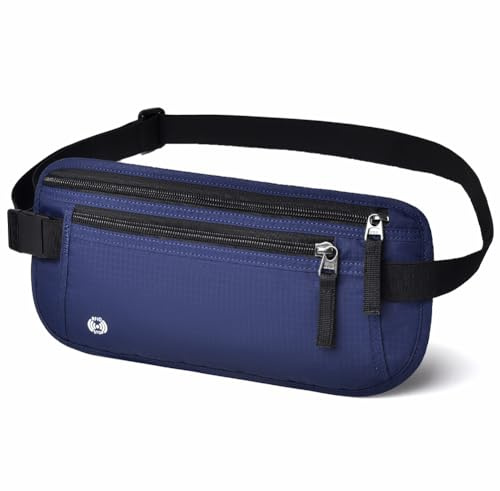 DiULi RFID Blocking Money Belt for Travel, Hidden Bum Bag with Adjustable Elastic Waist Strap, Secure Passport Pouch with 5 Free Card Sleeves, Anti-Pickpocket Protection for Cash & Phone Dark Blue