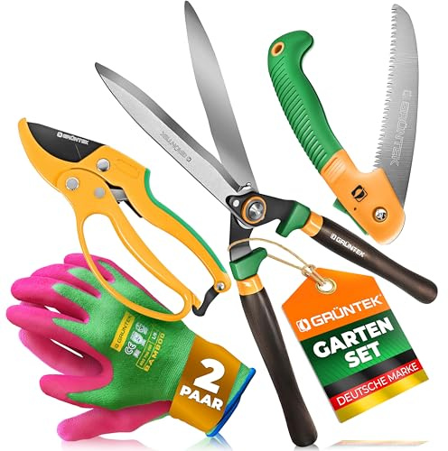 GRÜNTEK Idea regalo Giardinaggio Uomo Donna Utensili da Giardinoi: Forbici da Giardinaggio a Cricchetto, Cesoie da Siepe, Sega da Potatura Pieghevole, 2 Paia Guanti da Lavoro L/9 in Bambü.