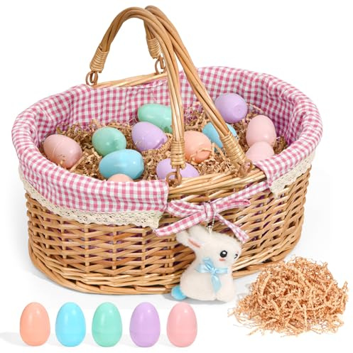 Wicker Easter Basket with Grass12 Plastic Eggs & Plush Bunny Charm