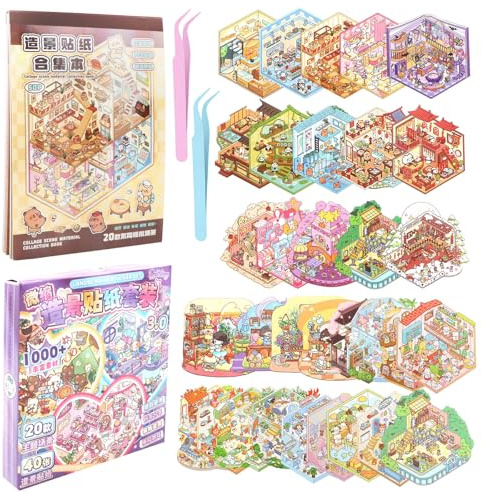 40 Sets Libro de Pegatinas 3D con Escenas, 3D House Stickers con 2 Pinzas | Juegos de Pegatinas para Casa 3D DIY Escena de Pegatinas en Miniatura, Sticker Therapy Alivia el Estrés (40 Escenas)