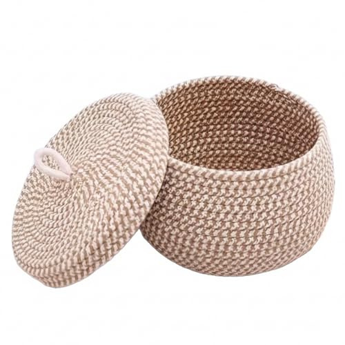 Cesta de almacenamiento redonda Cesta de cuerda de algodón color caqui ideal para la organización del hogar Cestas pequeñas decorativas con tapa ideal para juguetes Llaves y artículos esenciales