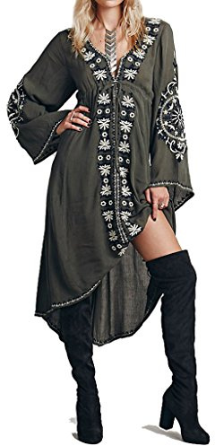 R.Vivimos Womens V Neck Bell Sleeve Vintage Floral Embroidered High Low Long Dresses XXL Army Green