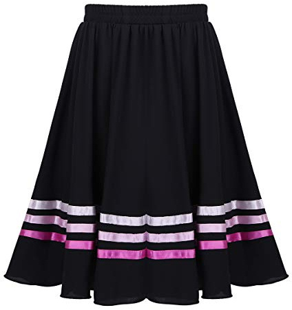 iEFiEL Mädchen Tanzrock Lang Chiffon Ballettrock Wickelrock Streifen Maxi Rock Tanzkleid für Ballett Latein Salsa Rumba Tanzbauch Sommer Kleid Schwarz&Rosa 128