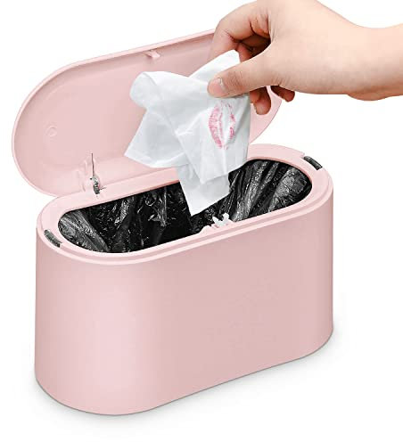 GOCUODE Kleiner Tischabfalleimer mit Deckel mit Druckknopfverschluss für Badezimmer, Büro, Schlafzimmer und Küche (Rosa)