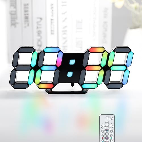LED-Digitaluhr, Neonuhr, 24,6 cm, schwarz, Gaming-Uhr, RGB-LED-Wanduhr für Wohnzimmer, Schreibtischuhr, großes Display, ästhetische Uhr für Schlafzimmer, bunte Regenbogen-Zahlenuhr mit Fernbedienung
