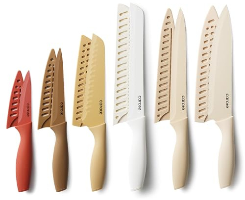 CAROTE Knife Set, 12 Pieces Kitchen Knife Set, 6 Stainless Steel Knives with Blade Guards & Nonstick Ceramic Coating, Rustproof, Color-Coded, Ergonomic Handles