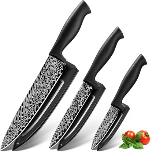 Gourmetop Set di Coltelli da Cucina con Copertura, Set di 3 Coltelli da Cucina Neri, Set di Coltelli da Chef Piccoli in Acciaio Inossidabile con Fodero, Coltelli Affilati per Cucina con Motivo Damasco