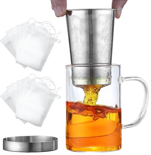 ADERTOS Tea Cup with Infuser and Lid, Tea Infuser Mug Glass Tea Steeping Mugs Large Tea Strainer Cups with 100 PCS Drawstring Tea Bags for Brewing Loose Leaf Tea in Home or Office, 450ml/15.3oz