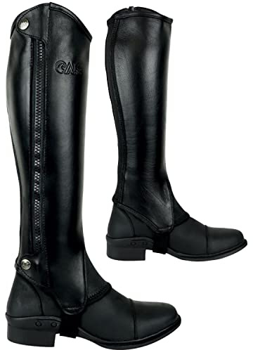 AK Side Zip Full Grain Leather Half Chaps – Horse Riding Chaps with Real Elastic Panels for Snug Fit & Comfort – Durable Equestrian Gear for Men & Women (Black, S)