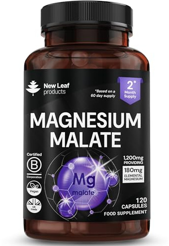 Magnesium Supplements 1200mg - Pure Magnesium Malate Capsules - Bones & Sleep Support - High Absorption Elemental - Vegan High Strength - 2 Months Supply
