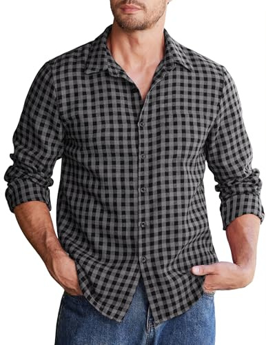 COOFANDY Flannel Shirt Men Long Sleeve Checked Plaid Shirts Casual Regular Fit Shirts for Men Button Down Shirt Black-Gray XL