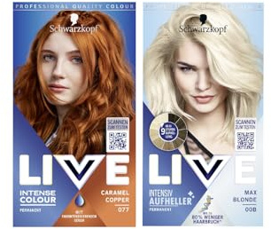 Schwarzkopf LIVE Intense Colour Haarfarbe 077 Caramel Copper (142 ml), dauerhafte Coloration & LIVE Aufheller Max Blonde 00B (142 ml), Blondierung ohne Gelbstich, Haare Aufhellen