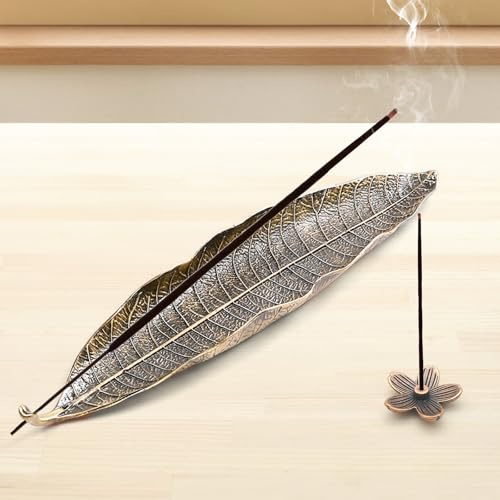Quemador de Incienso Soportes para Varillas de Incienso Colectores de Cenizas Placa de Incense Holder de Hoja de Aleación de Astilla con Bandeja de Incienso de Flores (Bronce)