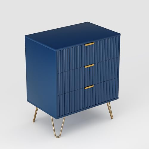belupai Cómoda con 3 cajones, aparador de almacenamiento con asas y patas de metal dorado, mesita de noche pequeña, mesa auxiliar de sofá, para sala de estar, dormitorio (azul oscuro)