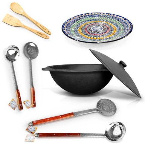 ZARENHOFF Set – Kazan de hierro fundido uzbeko de 22 L, base redonda, tapa de aluminio fundido, 2 cucharones de 64 cm, cucharón de 48 cm, espumadera de 48 cm, espátula de madera, cuchara Lagan de 42