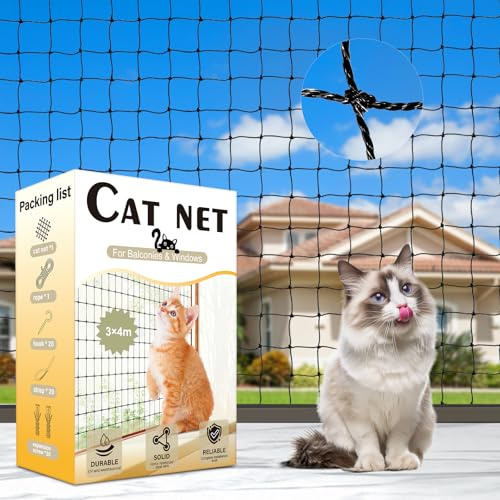 Holilo Katzennetz für Balkon, 3x4m Katzennetz Drahtverstärkt mit Befestigungsseil und Zubehör, Katzenschutznetz Wetterfest & UV-beständig, Geeignet für Balkon, Fenster, Oberlichter