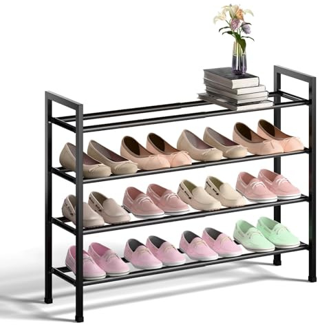 Bumusty 4-Tier Expandable Shoe Rack for Closet, 18“-33” Adjustable Shoe Rack for Small Space, Small Shoe Organizer for Front Door, Sturdy Metal, Black