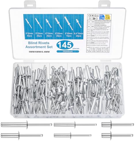 145 rivetti pop, rivetti ciechi in alluminio, rivetti pop, rivetti pop con estremità aperta, rivetti ciechi per metallo, legno, plastica (5 mm, 6 mm, 6,4 mm)