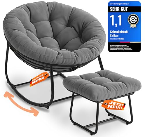 Chillevo Chillzeit Schaukelstuhl mit Fußablage [Testsieger] Wetterfest Schaukelsessel Ergonomisch Rocking Chair für Wohnzimmer Garten Balkon & Terrasse XXL Outdoor belastbar bis 180kg (Graphitgrau)