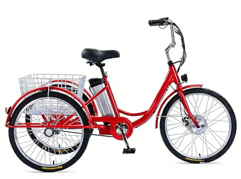 JSMDLN Tricycle électrique 24 Pouces avec Panier De Rangement, éclairage LED pour Adultes, 3 Modes De Conduite, Hauteur Réglable, Idéal pour Faire Les Courses, Rouge.