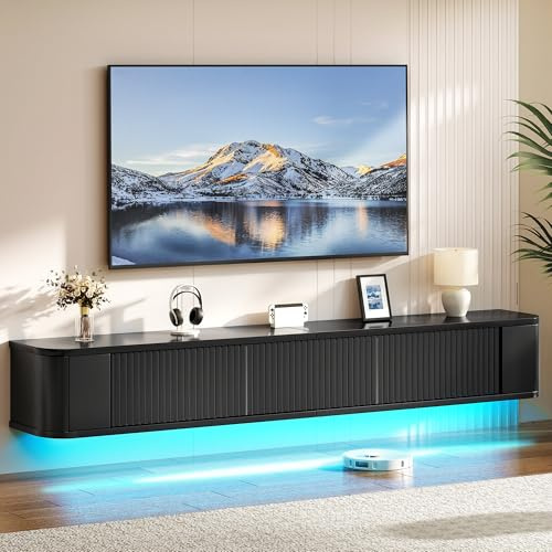 YITAHOME 180 cm Schwebender TV-Stand, Wandmontierte TV-Regale mit RGB-LED-Beleuchtung, Schwarz Hochglanz TV-Mediakonsolle, Schwebender TV-Schrank mit Großem Stauraum für Wohnzimmer und Schlafzimmer