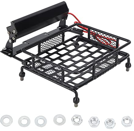 XGOUGUAAU RC Car Roof Rack Luggage Carrier with LED Light, Wireless Remote Control Car Roof Cargo Mount for Axial HSP HPI, Iron Black Storage Rack with 8