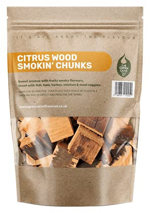 Green Olive Firewood Company - Orange, Lemon, Lime - Wood Chunks Blend for Smoking, 5L (approx 1.5KG) BBQ wood chips for Smoking - Large Mixed Smoking Wood Chips for Charcoal, Gas BBQ's and Smokers