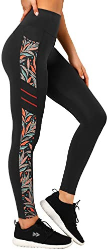 Yvette Printed Damen Sport leggings mit Taschen, high waist blickdicht Gym Sporthose, Orange Printed, M